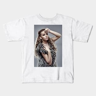 Fashion model on gray background, closeup Kids T-Shirt